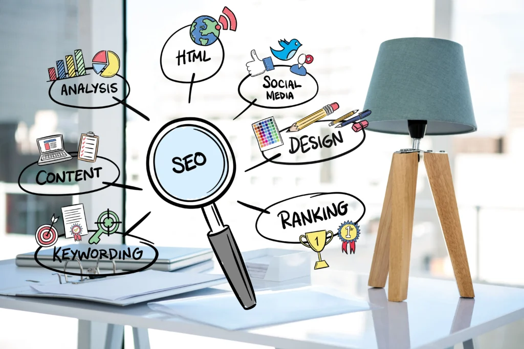 SEO concept with analysis, keyword research, content creation, and social media optimization